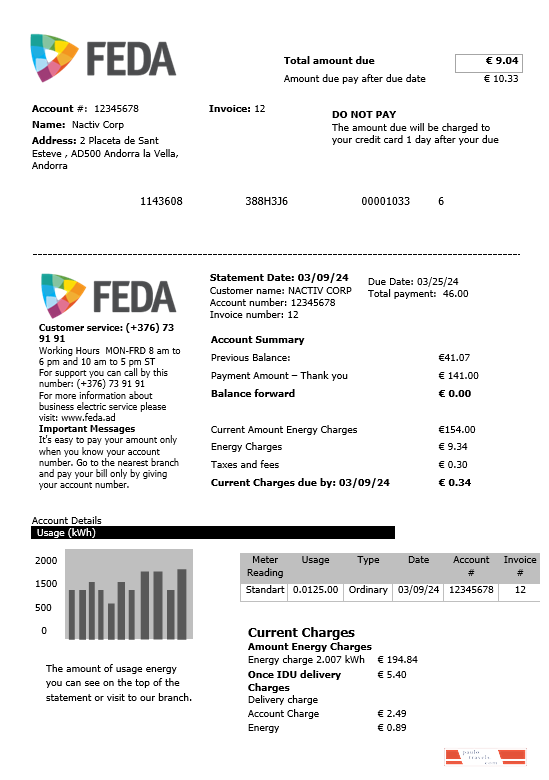 Andorra Electric Forces of Andorra business utility bill template in Word and PDF formats